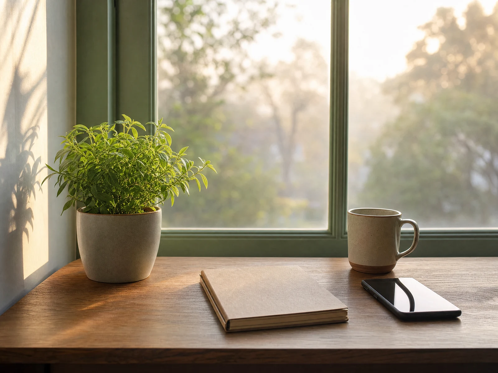 A notebook, cup and green plant in gentle morning light, an illustrative preparation scene